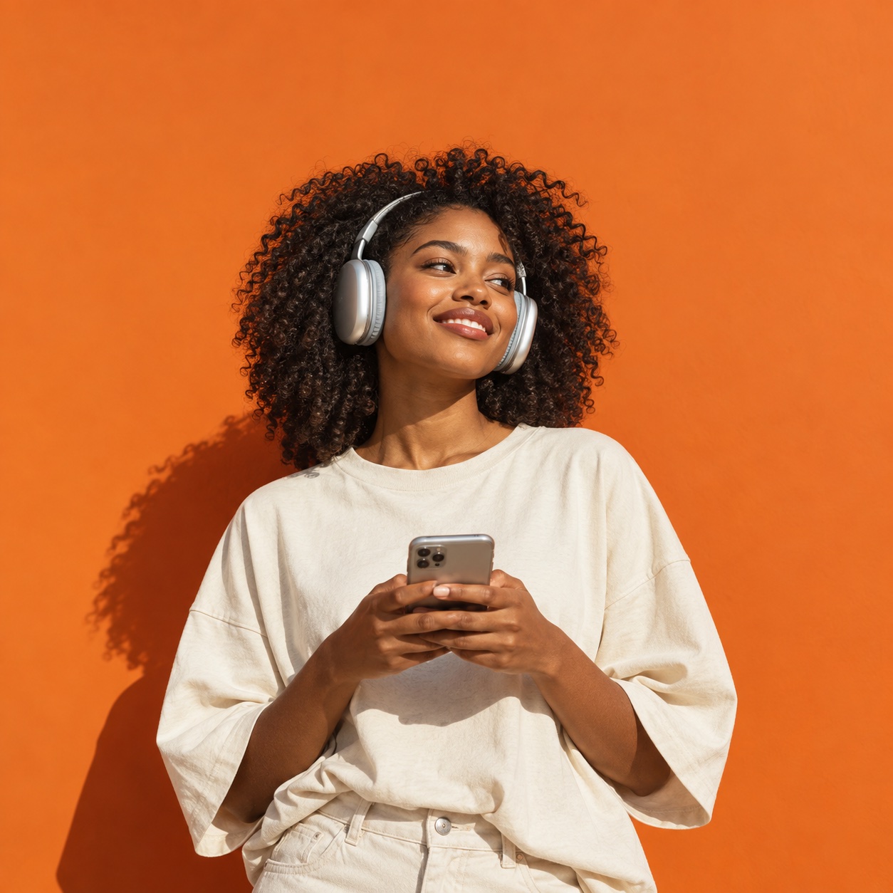 A woman enjoying music and using her phone